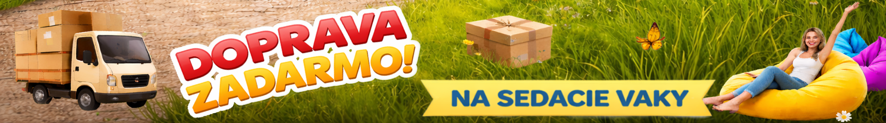 Obrazok hlavicky - s nakladnym autom a balikmi, zena sediaca na jednom s farebnych sedacich vakov a textom doprava zadarmo na sedacie vaky