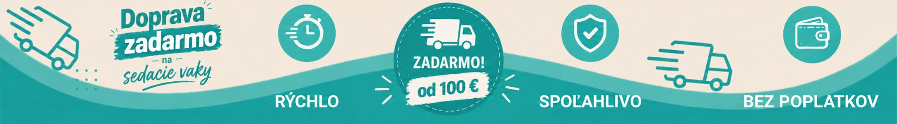 Obrazok hlavicky - s ikonkami nakladnych aut, ikonkami hodin s textom rychlo, stitom s textom spolahlivo, penazenkou s textom bez poplatkov a textom doprava zadarmo na sedacie vaky od 100 €